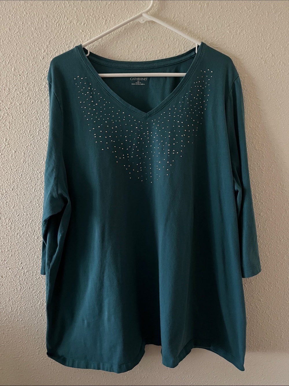 Catherines Teal V-Neck Long Sleeve Top with Rhinestone Accent